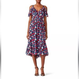 Kate Spade Cold Shoulder Navy Daisy Print Silk Midi Dress NWOT